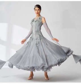 Custom size silver grey competition ballroom dance dresses for women girls bling waltz tango long gown float sleeves for female